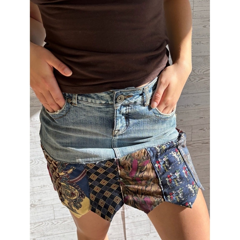 Vintage Jean Mini Skirt‎ Necktie Patchwork Upcycled Boho 9 Y2K handmade concert